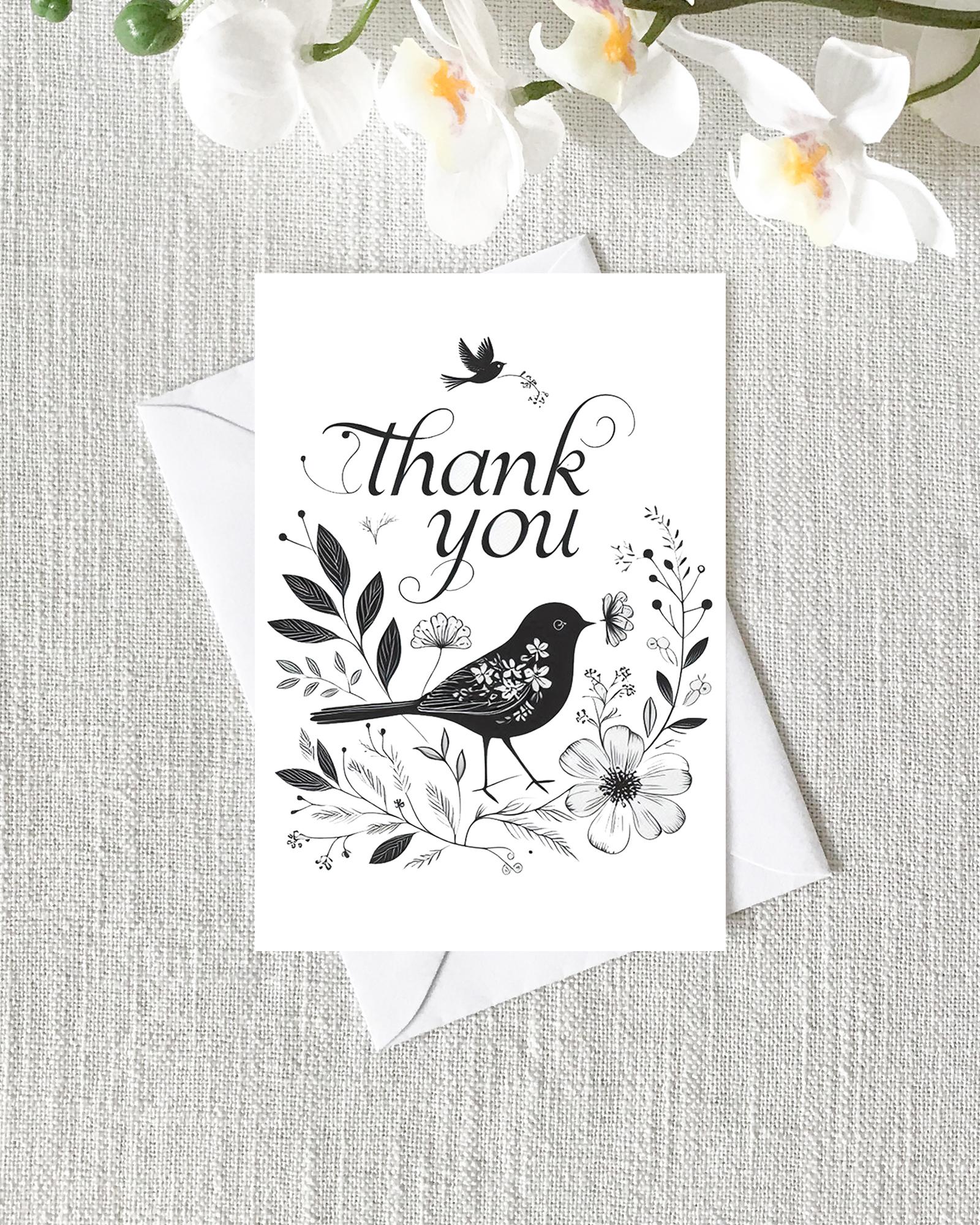 Pack of 12 Thank You flat notecards - Floral Bird Theme, Elegant Design