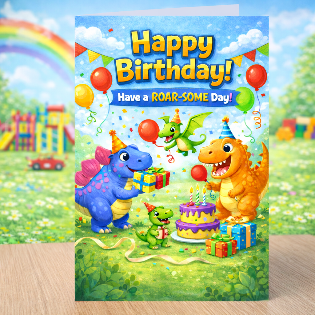 Kids Dinosaur Birthday Card A5 – Roar-Some Design