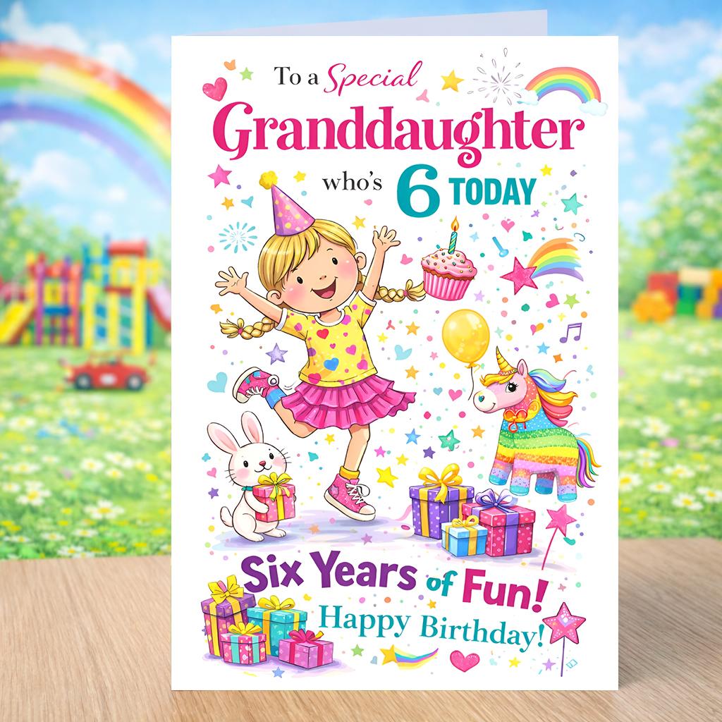 Granddaughter 6th Birthday Card – Cute Colourful Unicorn Birthday Card for Her