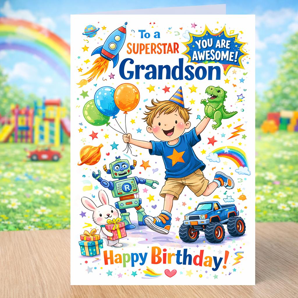 Grandson Birthday Card – To a Superstar Grandson – Fun Colourful Birthday Card for Him