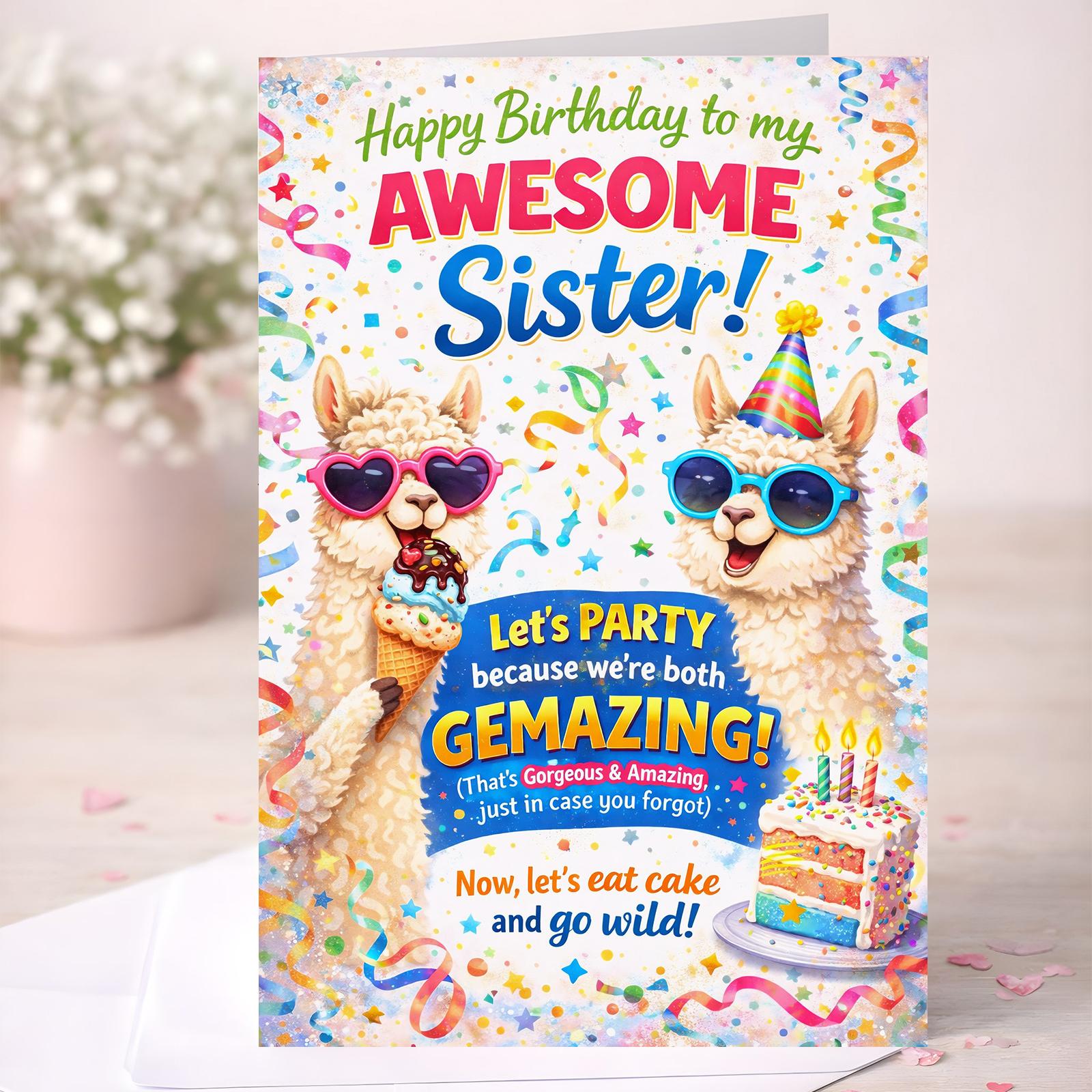 Funny Birthday Card for Sister – Llama Party Design