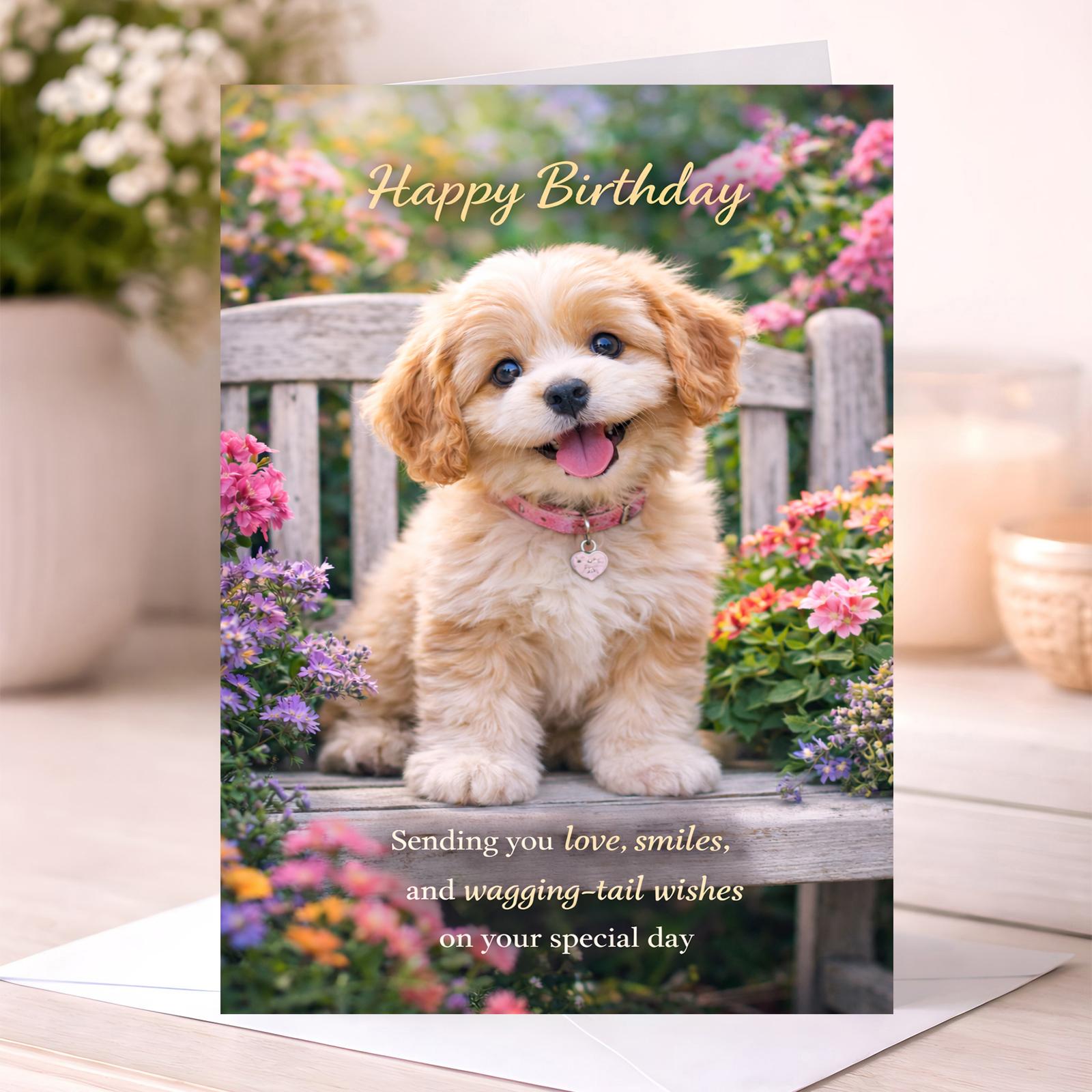 Dog Birthday Card – Cute Puppy Garden Bench