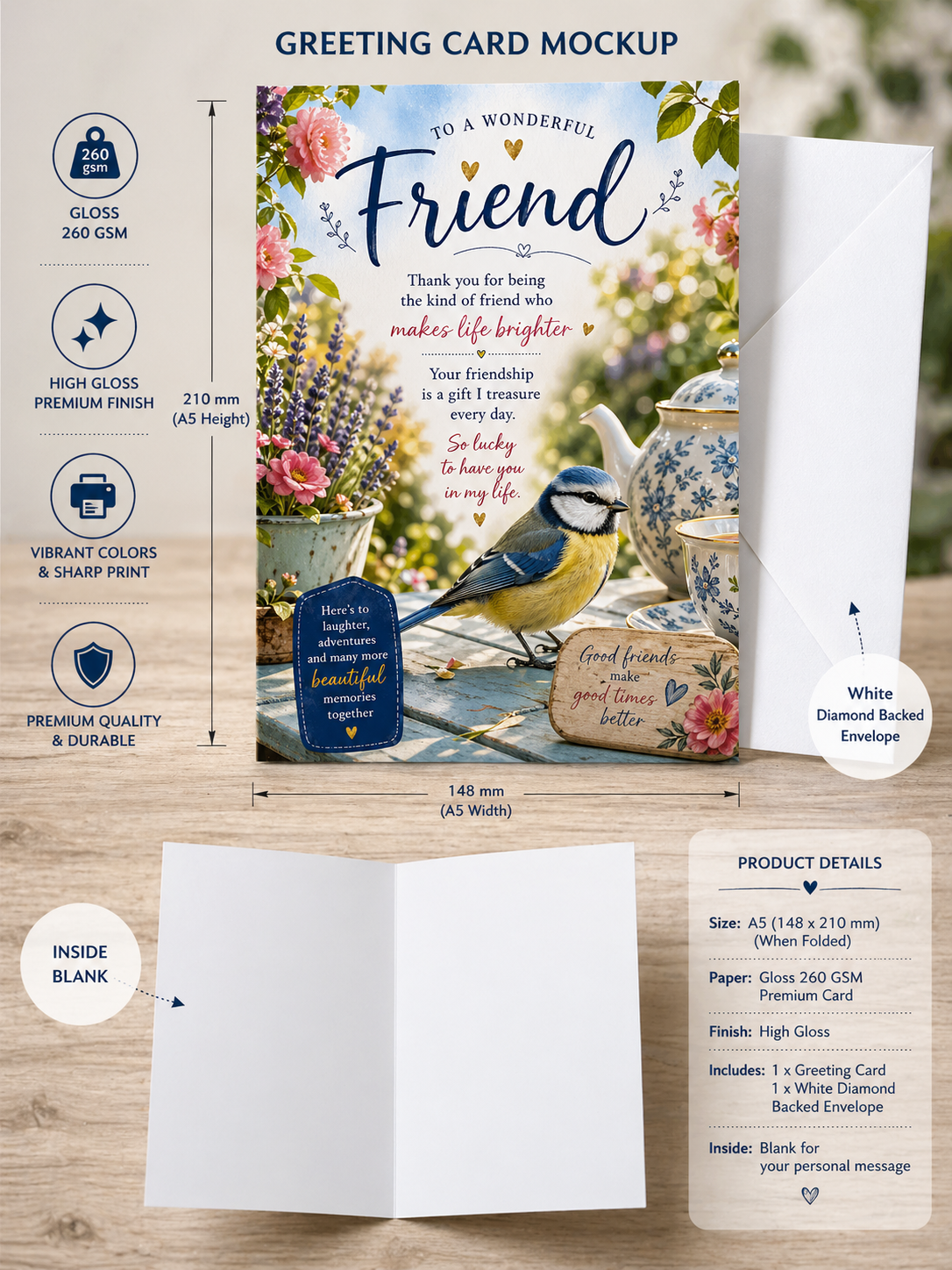 Beautiful Friend Greeting Card – Blue Tit Garden Design view 2