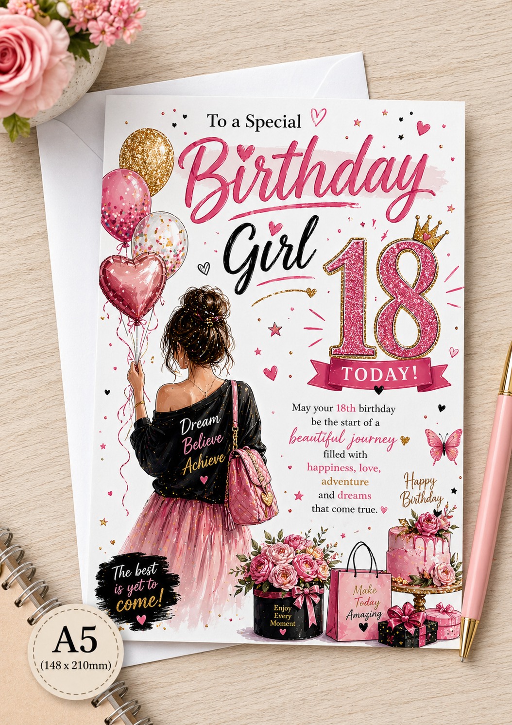 18th Birthday Card for Girl – A5 Gloss Finish | Pink & Gold 18th Birthday Card greeting card